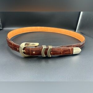 Elegant Brown Crocodile-Embossed Belt with Gold Buckle